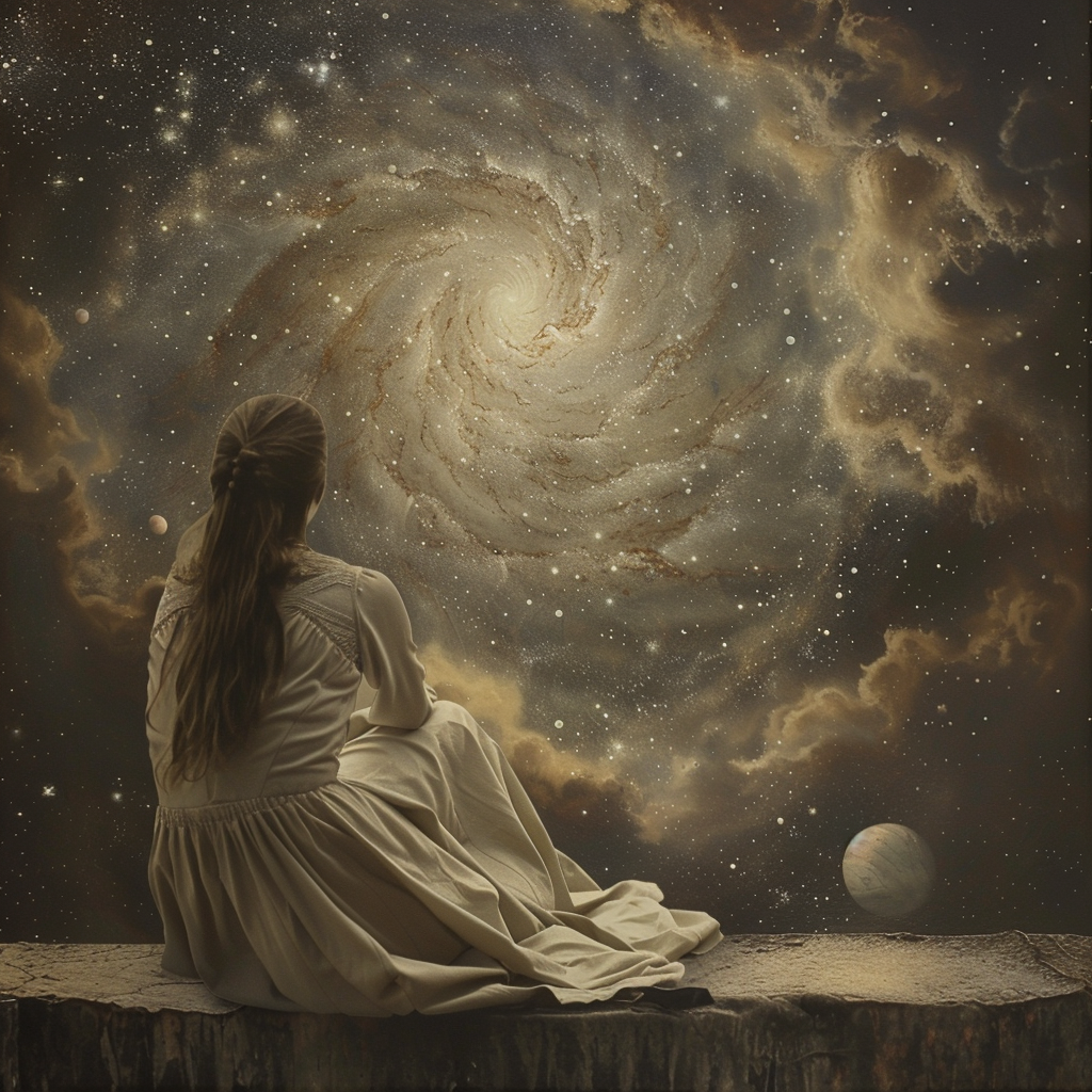 girl staring out at the swirling universe