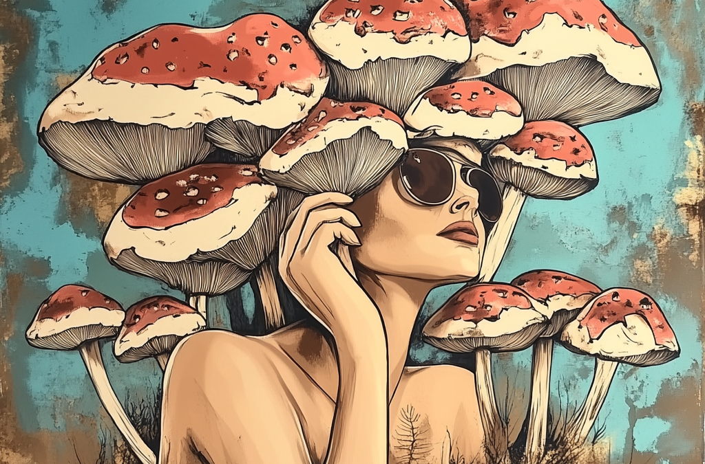 pop art inspired woman with mushrooms on her head