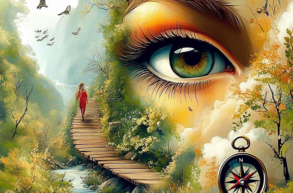 whimsical world with a woman's eye looking in and a compass pointing north