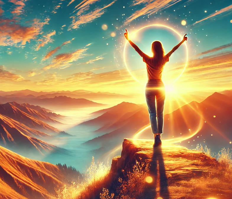 woman standing on a mountain top feeling successful